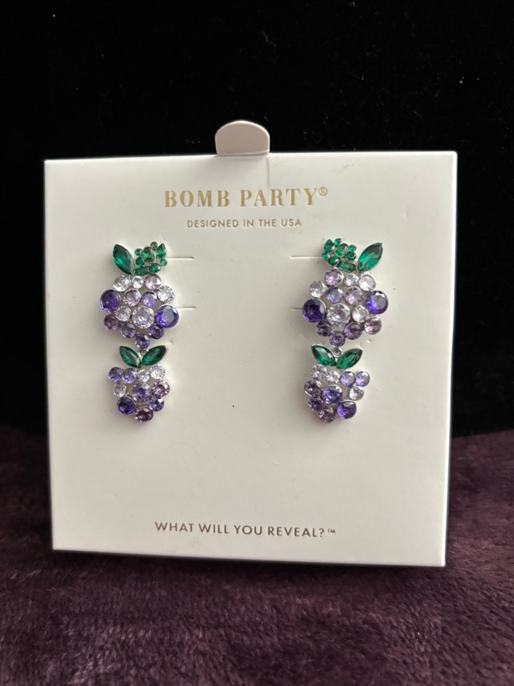 Bomb Party Purple Crystal Cluster Earrings with Green Leaf Accents